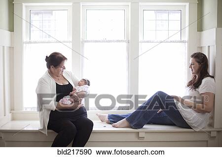 Stock Image - Three generations of Caucasian women in windowsill. Fotosearch