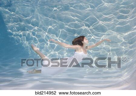 Stock Image - Underwater view of Caucasian woman in dress swimming in pool. Fotosearch