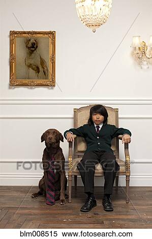 Stock Photography - Vietnamese boy sitting on elegant chair next to dog with necktie. Fotosearch