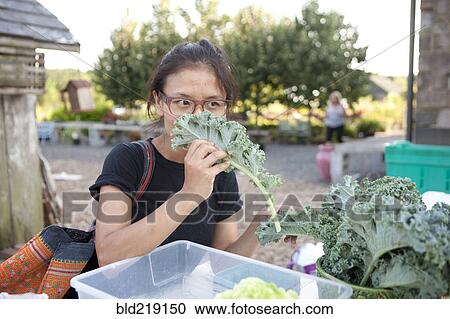 Stock Image - Woman shopping for greens at farmers market. Fotosearch
