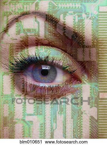 Stock Image - Woman's eye behind microchip design. Fotosearch