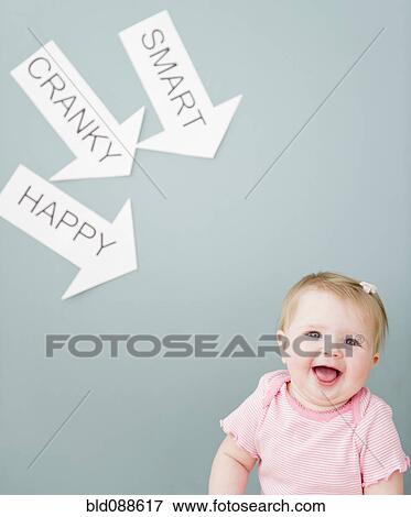 Caucasian baby near arrows reading cranky, smart and happy View Large Photo Image Stock Photo - Caucasian baby near arrows reading cranky, smart and happy. Fotosearch