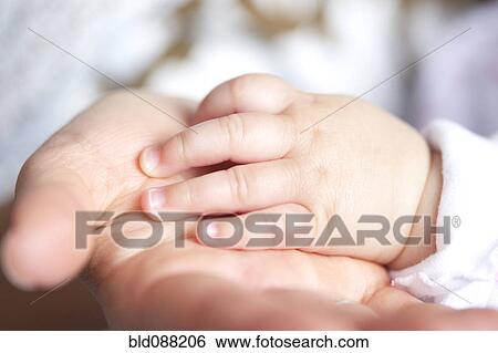 Stock Photograph - Close up of mixed race mother holding baby girl's hand. Fotosearch