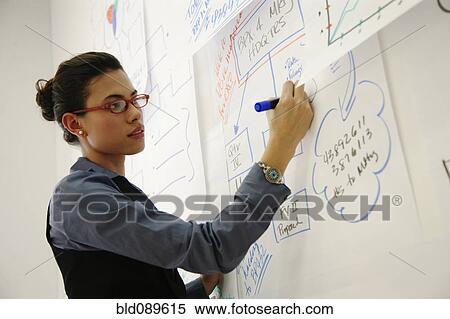 Stock Photography - Hispanic businesswoman drawing on paper in office. Fotosearch