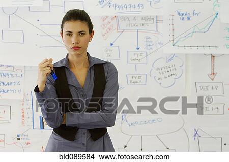 Picture - Hispanic businesswoman standing near drawings on whiteboard. Fotosearch