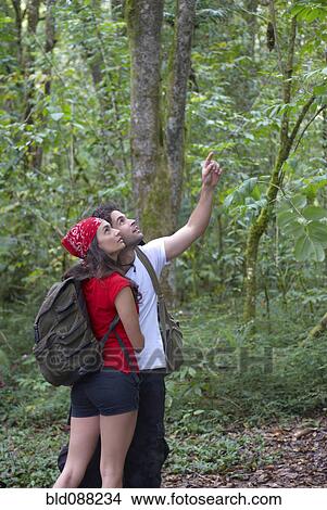 Picture - Hispanic couple exploring forest together. Fotosearch