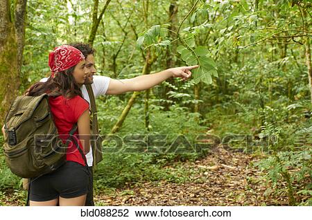 Stock Image - Hispanic couple hiking together in forest. Fotosearch