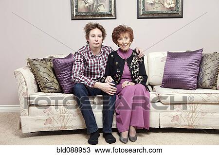 Stock Image - Senior Caucasian mother with grandson. Fotosearch