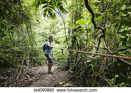 Stock Image - Caucasian man pulling rope in jungle. Fotosearch