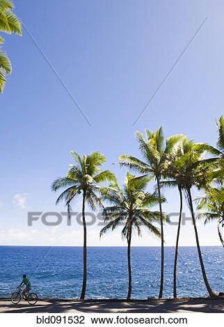 Stock Image - Caucasian woman bike riding near tropical ocean. Fotosearch
