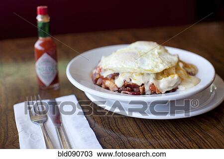 Stock Image - Close up of egg breakfast on plate. Fotosearch