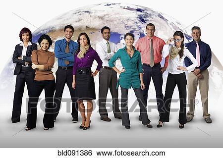 Stock Photograph - Diverse business people standing together with globe in background. Fotosearch