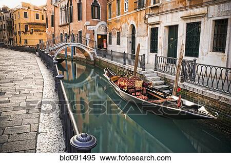 Gondola moored in canal View Large Photo Image Stock Photography - Gondola moored in canal. Fotosearch