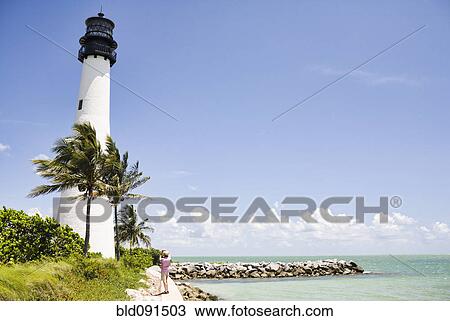Stock Image - Lighthouse and tropical palm trees near ocean. Fotosearch