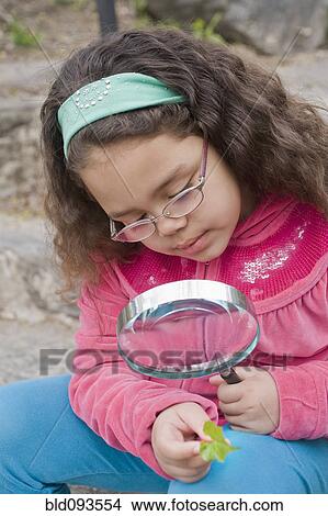 Hispanic girl looking at leaf with magnifying glass View Large Photo Image Picture - Hispanic girl looking at leaf with magnifying glass. Fotosearch