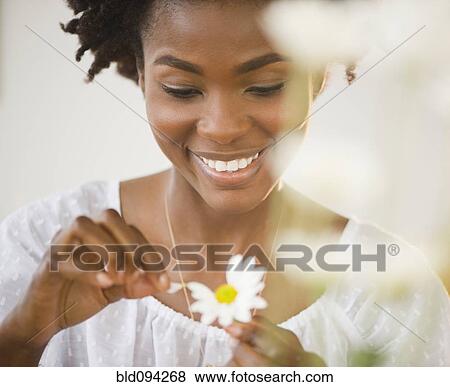 Stock Photo - Black woman plucking petals from daisy. Fotosearch