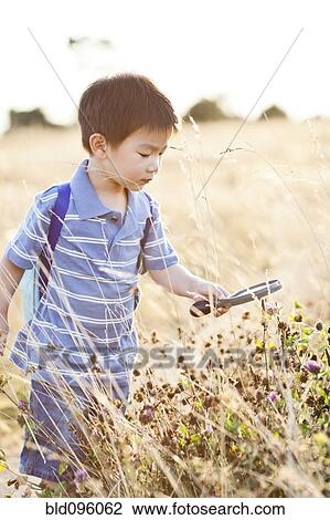 Stock Image - Chinese boy looking at flowers with magnifying glass. Fotosearch