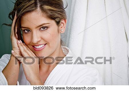 Hispanic woman wearing bathrobe View Large Photo Image Stock Photograph - Hispanic woman wearing bathrobe. Fotosearch