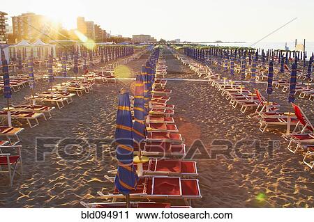Stock Image - Umbrellas and beach chairs in a row on beach. Fotosearch