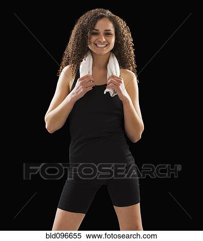 Stock Photography - Caucasian woman with towel around her neck. Fotosearch