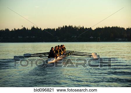 Team rowing boat in bay View Large Photo Image Stock Image - Team rowing boat in bay. Fotosearch
