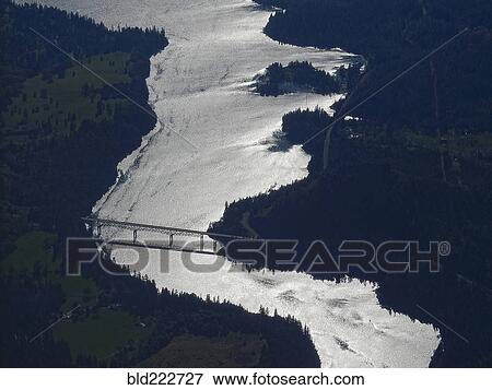 Stock Photo - "Aerial view of bridge over river, Cascade Gorge, Oregon, United States, ". Fotosearch