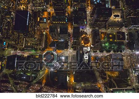 Picture - "Aerial view of Los Angeles cityscape lit up at night, California, United States". Fotosearch