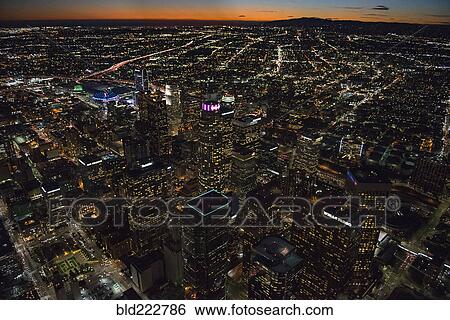 "Aerial view of Los Angeles cityscape lit up at night, California, United States" View Large Photo Image Stock Photograph - "Aerial view of Los Angeles cityscape lit up at night, California, United States". Fotosearch