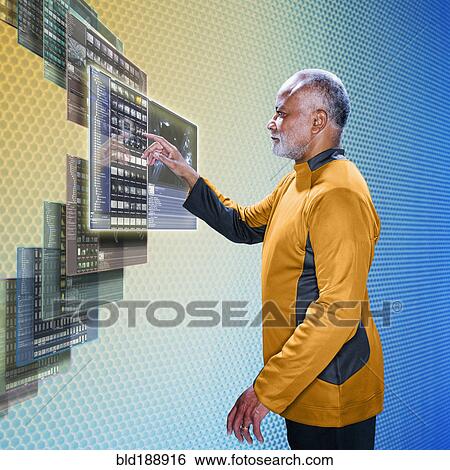 African businessman working at futuristic control panels View Large Photo Image Stock Photograph - African businessman working at futuristic control panels. Fotosearch