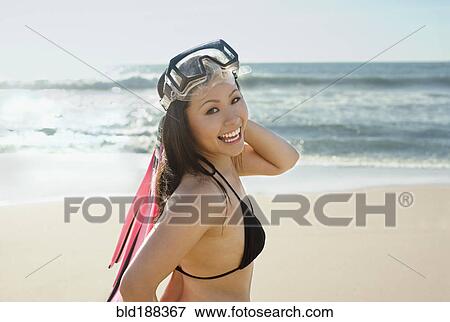 Asian woman wearing goggles at beach View Large Photo Image Stock Photo - Asian woman wearing goggles at beach. Fotosearch
