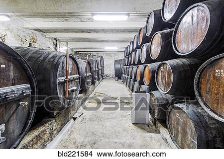 Picture - Barrels of wine aging in wine cellar. Fotosearch