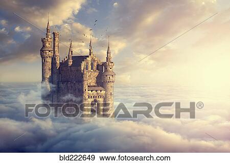 Birds flying around castle above clouds View Large Photo Image Stock Photo - Birds flying around castle above clouds. Fotosearch