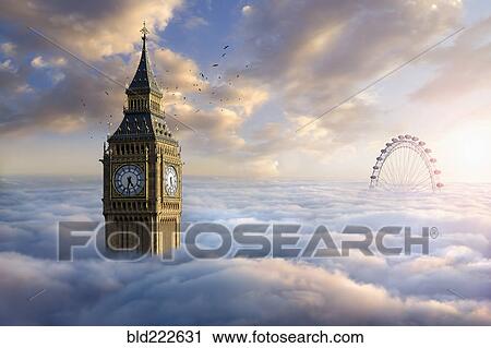 Birds flying around clock tower near ferris wheel above clouds View Large Photo Image Stock Image - Birds flying around clock tower near ferris wheel above clouds. Fotosearch