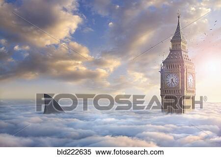 Stock Photography - Birds flying around clock tower near shark fin above clouds. Fotosearch