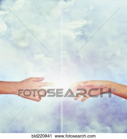 Stock Image - Bright fingers touching in sky. Fotosearch
