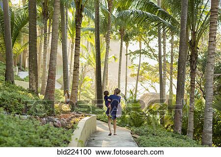 Caucasian mother carry son on path with palm trees View Large Photo Image Stock Image - Caucasian mother carry son on path with palm trees. Fotosearch