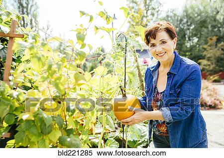 Stock Photography - Caucasian woman holding pumpkin in garden. Fotosearch
