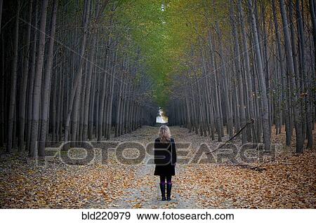 Stock Photo - Caucasian woman standing on path between trees. Fotosearch