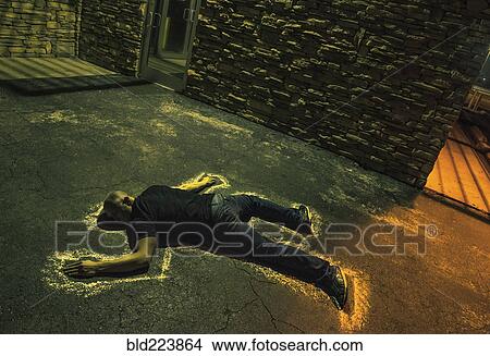 Chalk outline of body of Caucasian victim on pavement View Large Photo Image Picture - Chalk outline of body of Caucasian victim on pavement. Fotosearch