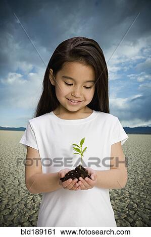 Stock Image - Chinese girl holding seedling in desert. Fotosearch