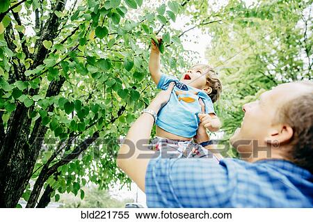 Stock Photography - Father lifting baby son to tree. Fotosearch