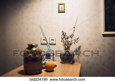 Food on table in kitchen with blackboard View Large Photo Image Stock Photo - Food on table in kitchen with blackboard. Fotosearch