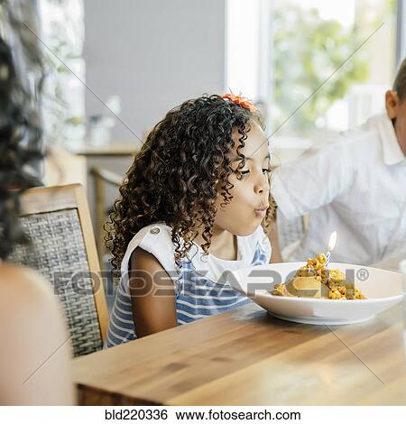 Stock Photograph - Girl blowing candle on birthday dessert. Fotosearch