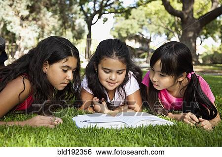 Girls laying in grass reading book in park View Large Photo Image Stock Photograph - Girls laying in grass reading book in park. Fotosearch