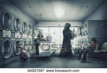 Stock Photo - Grim Reaper doing laundry at laundromat. Fotosearch