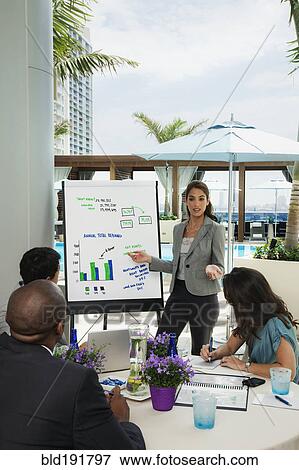 Stock Photo - Hispanic businesswoman giving presentation on patio. Fotosearch
