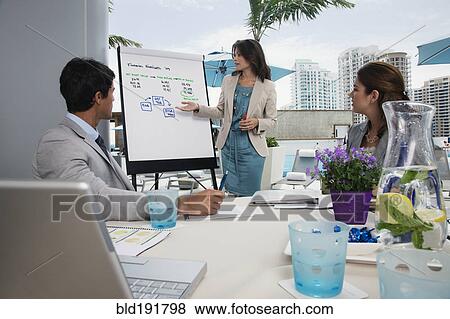 Stock Photo - Hispanic businesswoman giving presentation on patio. Fotosearch