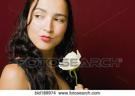 Picture - Hispanic woman posing with white rose. Fotosearch
