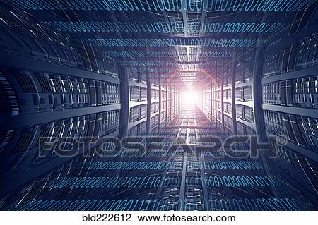 Stock Image - Light shining from bending binary code and computer servers. Fotosearch