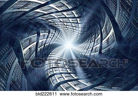 Stock Image - Light shining from swirling computer servers. Fotosearch